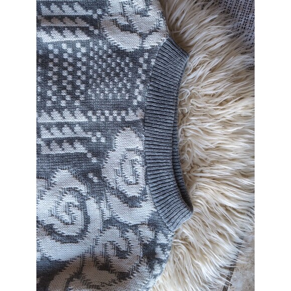 Vintage Beldoch Popper Sweater Womens Medium Gray White Rose Print Long Sleeve - Picture 4 of 9
